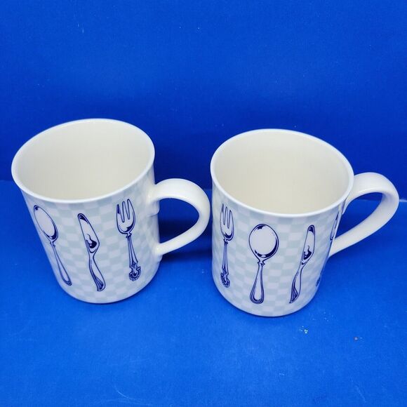 Epoch Indonesia Knife & fork Teal Checkerboard Mugs set of 2 - Picture 4 of 11